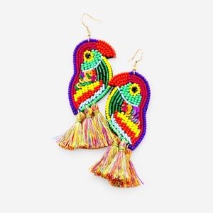 Multi Bead Sequin Parrot Tassel Dangler Earrings Red/Purple Multi